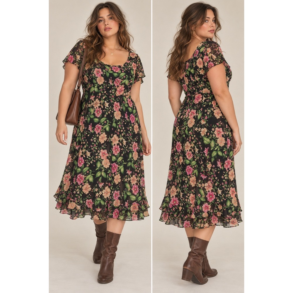 VTG 90s Y2K Black Chiffon Floral Midi Dress 18 Dark Romantic Ruffle Whimsigoth